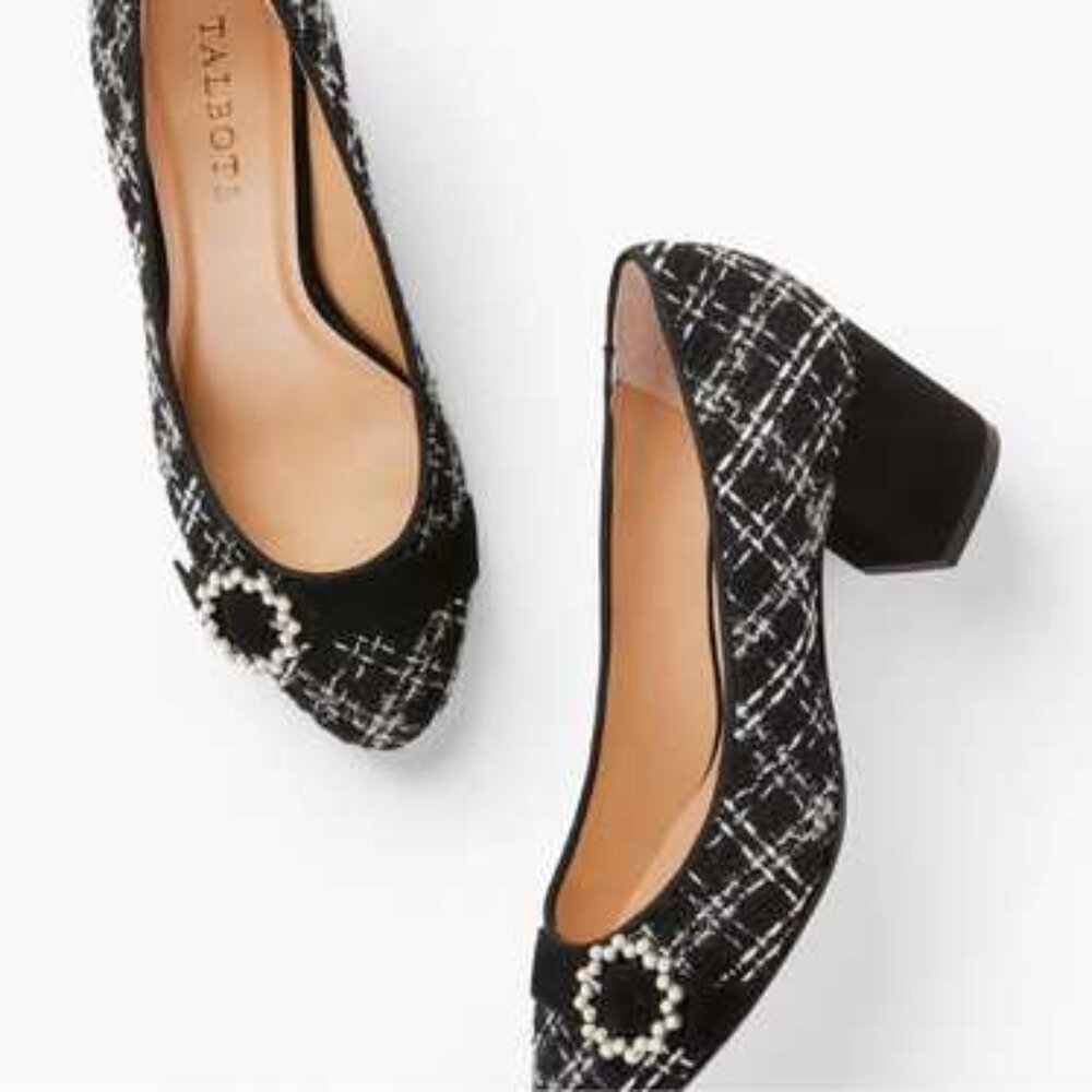 Talbots Suede leather Pearl Tinsel Boucle black/white tweed pump/heels Sz 8M